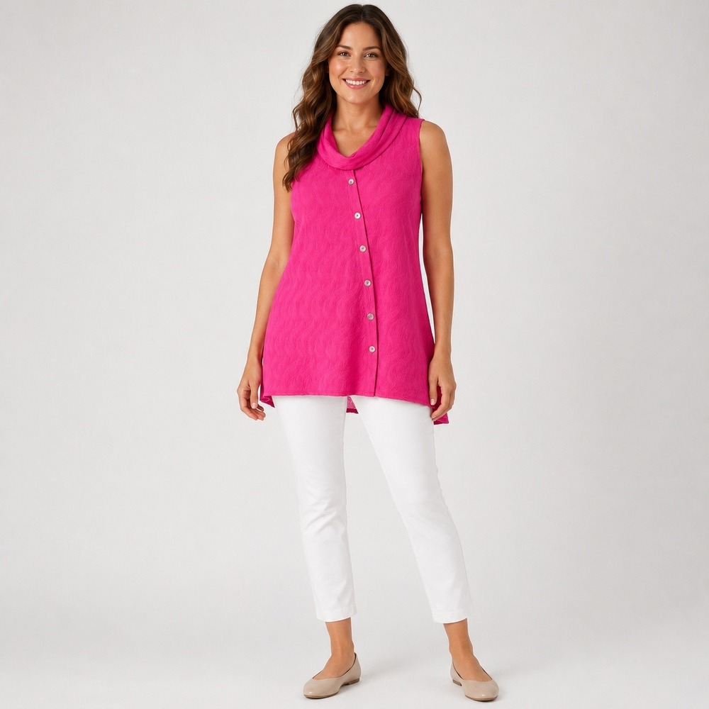 Habitat Womens XL Pink Textured Cotton Angled Button Front Cowl Neck Artsy Tunic